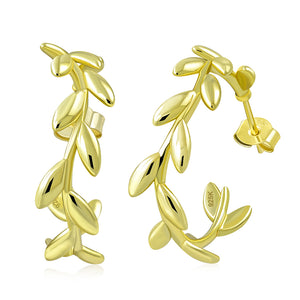 925 Sterling Silver Round Semi-Hoop 1" (Inch) Earrings Leaf Design