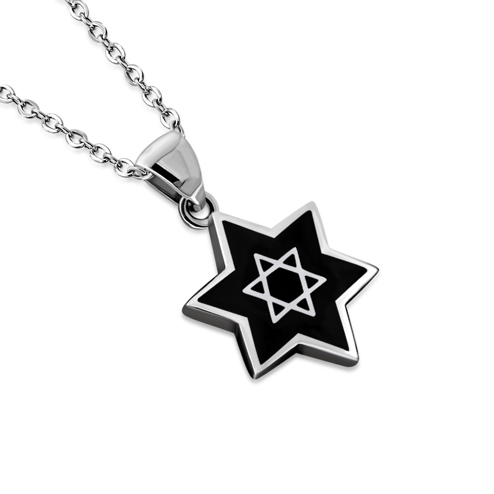 925 Sterling Silver Jewish Star of David Black Pendant Necklace