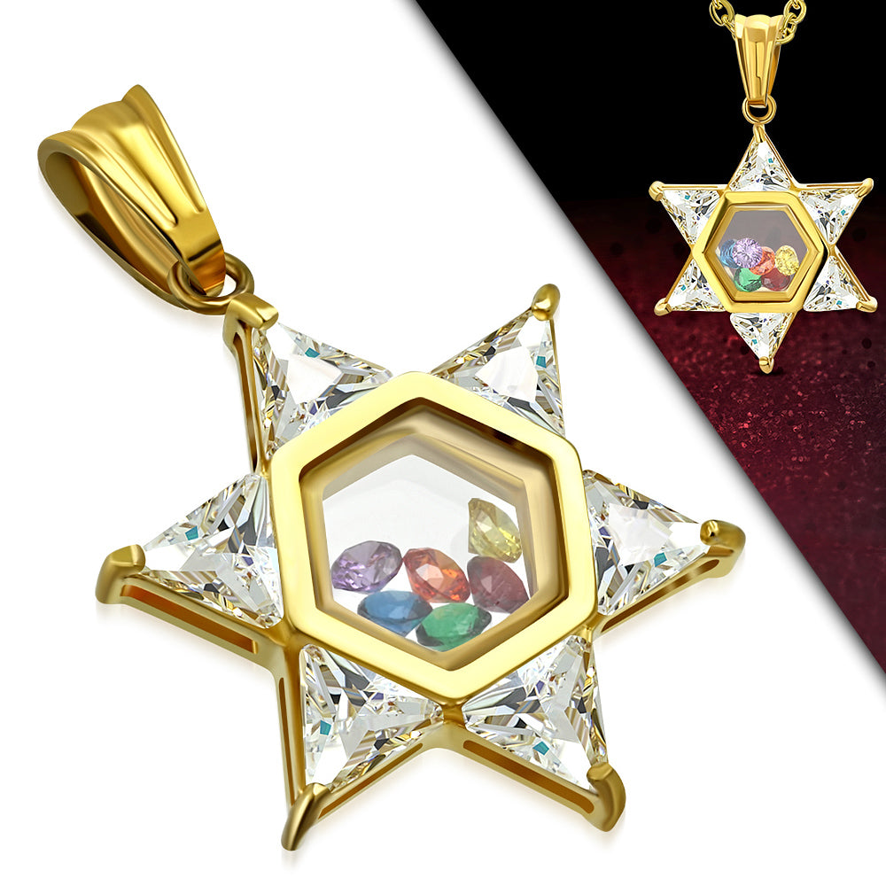 Stainless Steel Yellow Gold-Tone Floating Multi-Color CZ Jewish Star of David Pendant Necklace