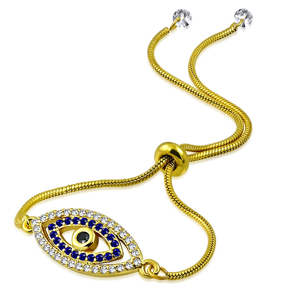 Stainless Steel Multi-Color CZ Evil Eye Protection Adjustable Snake Chain Bracelet