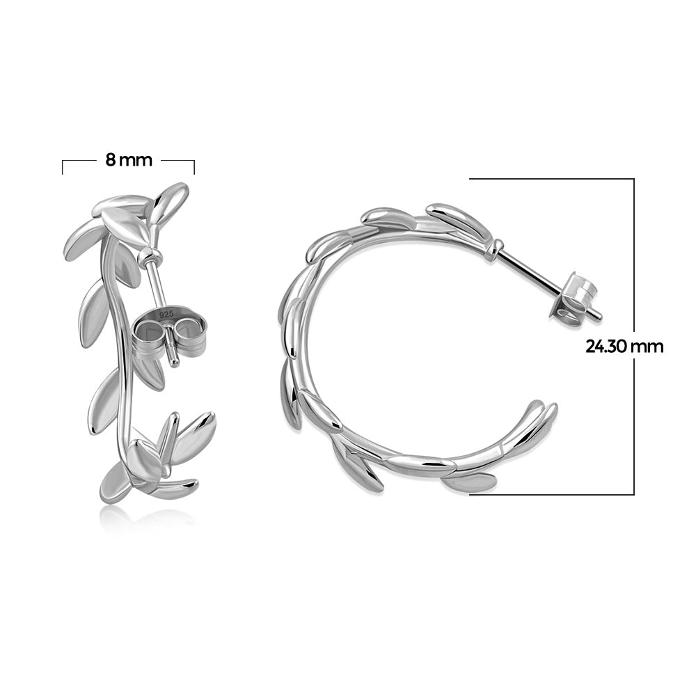 925 Sterling Silver Round Semi-Hoop 1" (Inch) Earrings Leaf Design