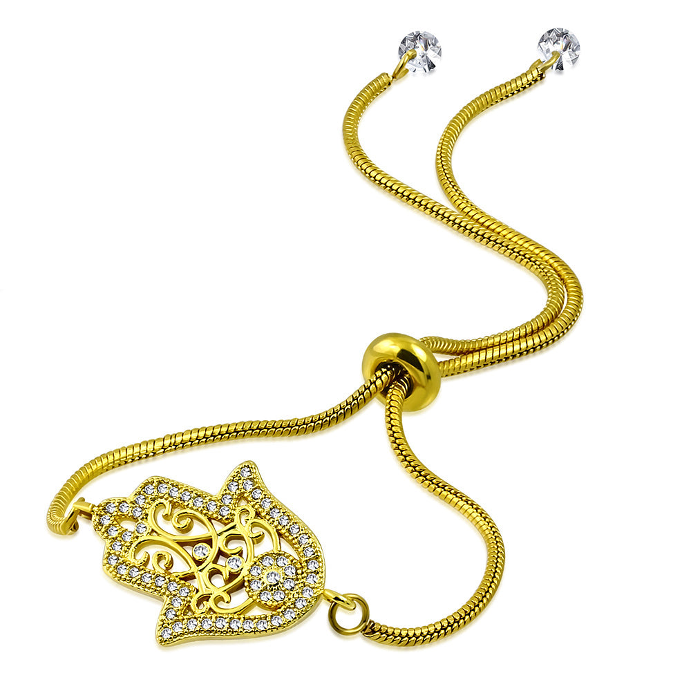 Filigree Hamsa Adjustable Snake Chain Bracelet Stainless Steel Cubic Zirconia