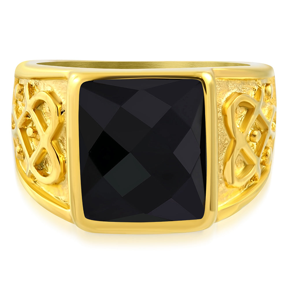 Stainless Steel Yellow Gold-Tone Black Simulated Onyx Mens Ring