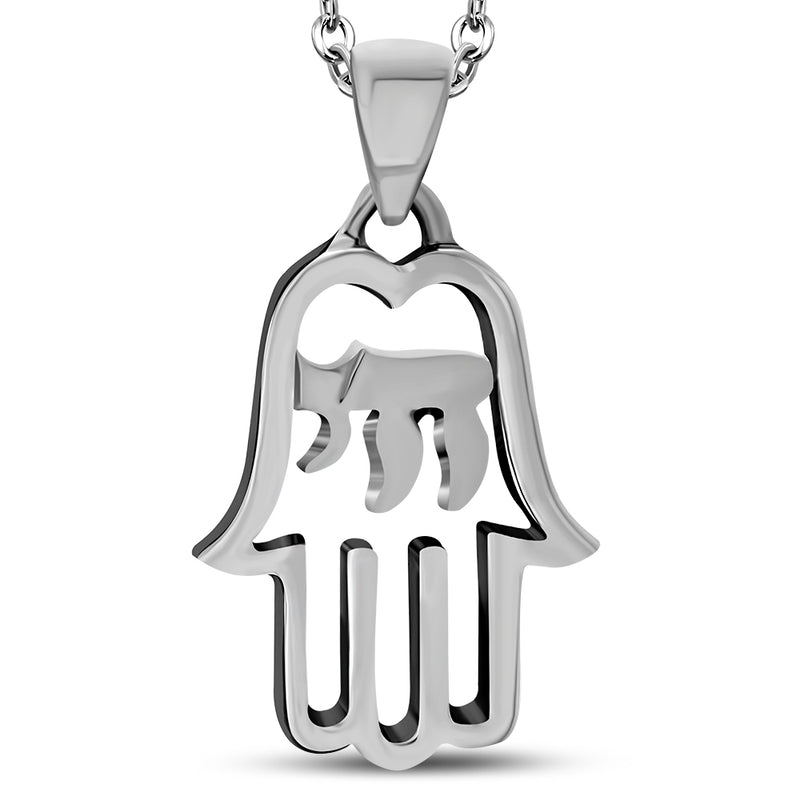Chai and Hamsa Necklace Pendant Sterling Silver