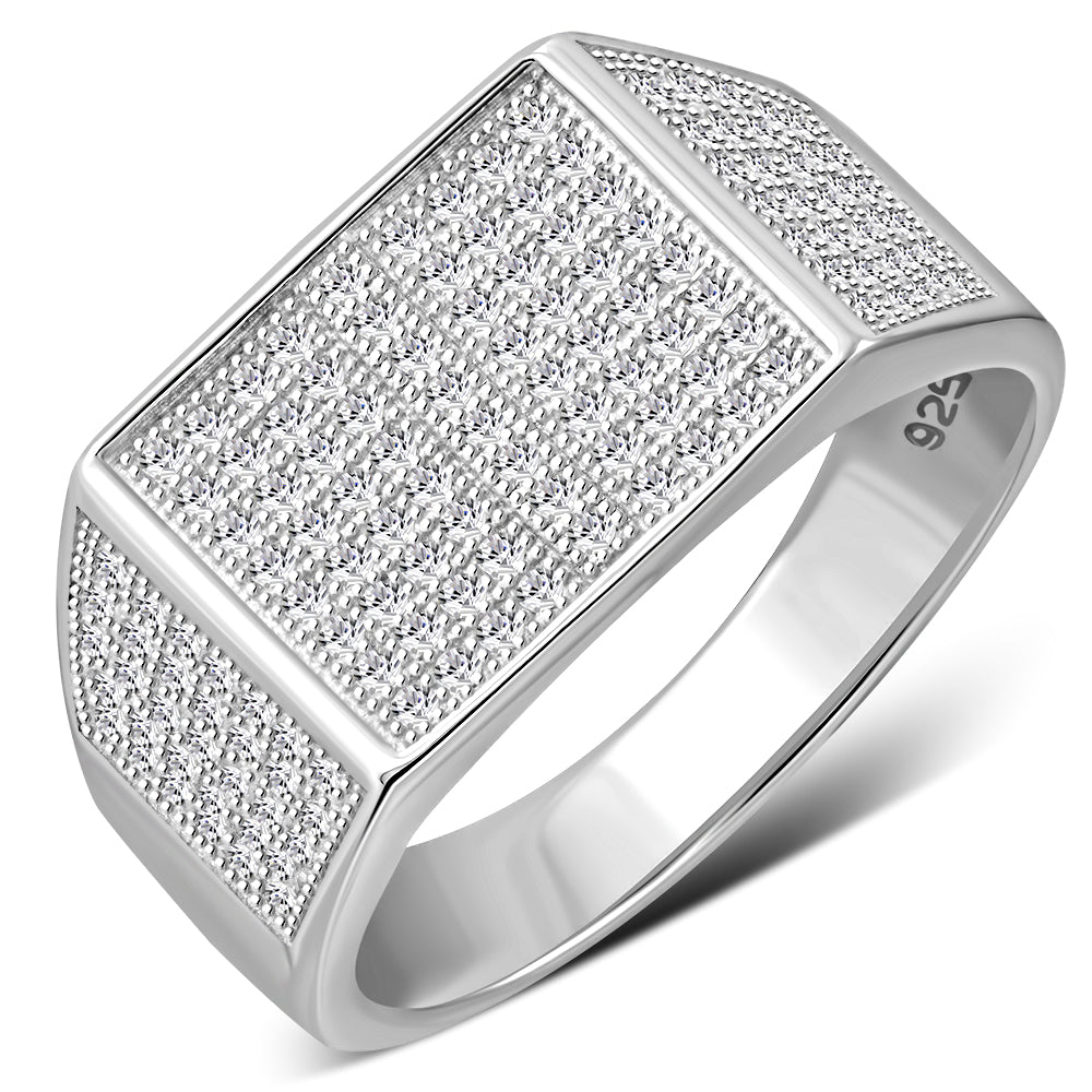 Men's 925 Sterling Silver Rectangular Geometric Statement Ring Cubic Zirconia