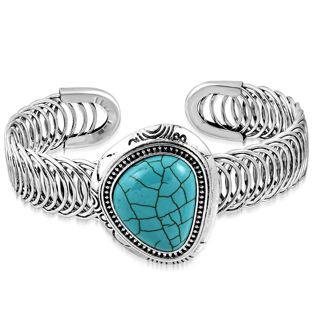 Fashion Alloy Silver-Tone Simulated Turquoise Adjustable Cuff Bracelet