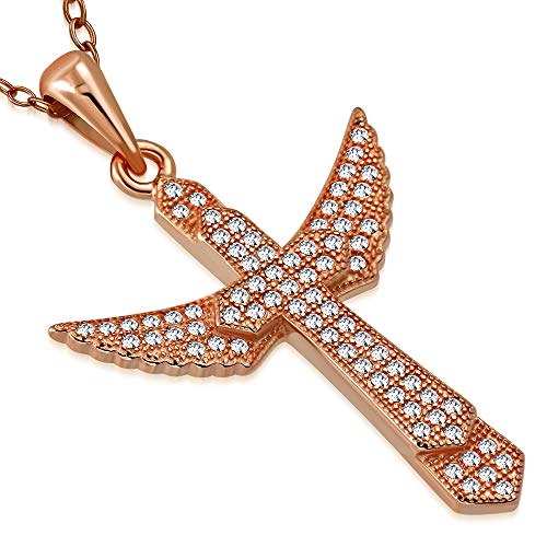 925 Sterling Silver Flying Angel Cross CZ Pendant Necklace