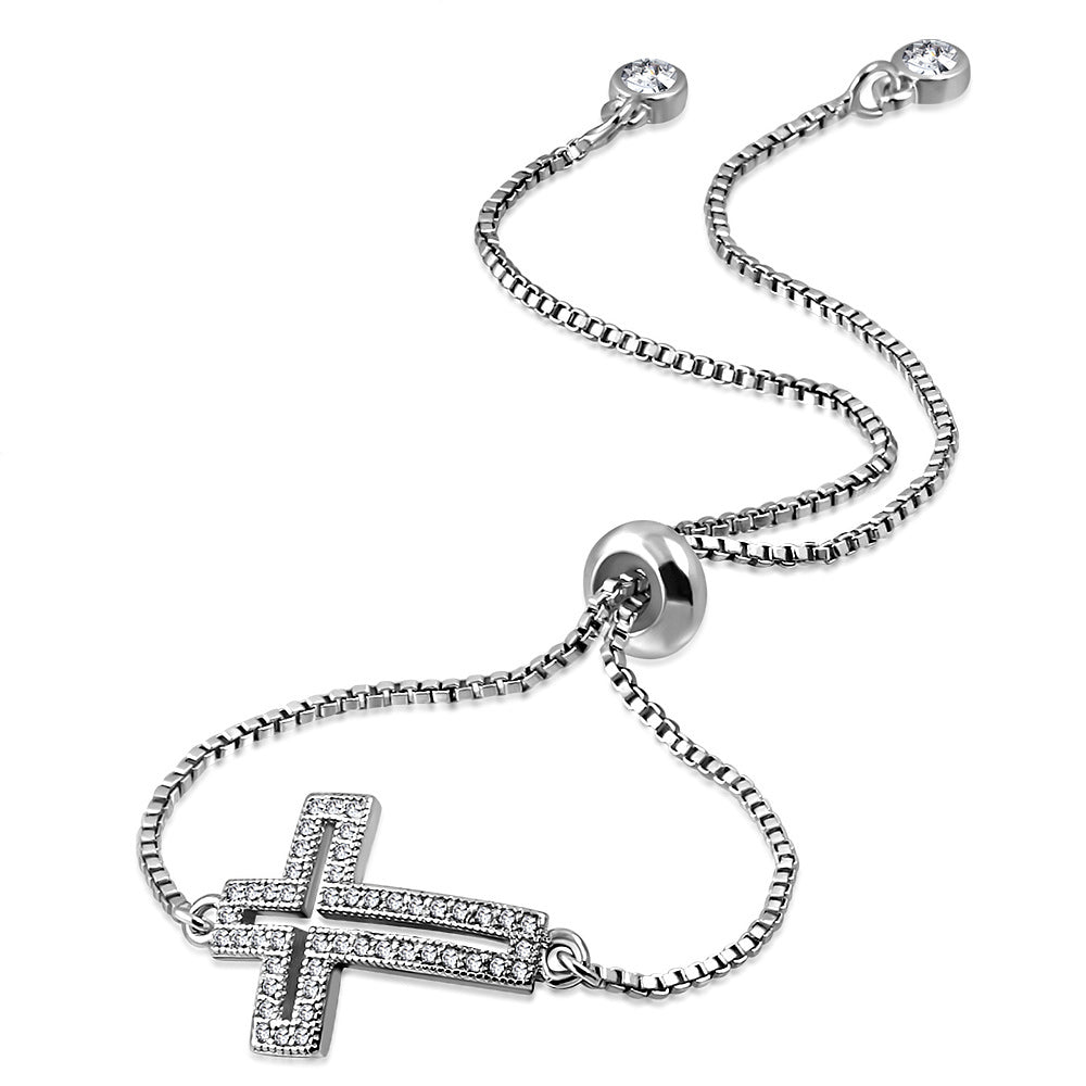 Stainless Steel Clear CZ Religious Cross Adjustable Chain Bracelet, 9"
