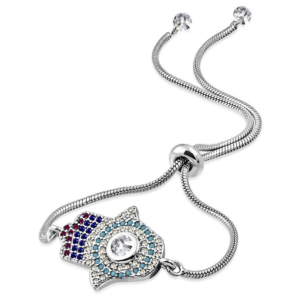 Stainless Steel Multi-Color CZ Hamsa Adjustable Snake Chain Bracelet