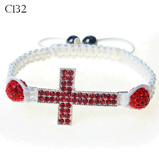 Silver-Tone Cross Red CZ White Cord Macrame Beaded Adjustable Bracelet