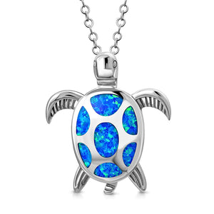 Blue Sea Turtle Necklace Pendant 925 Sterling Silver Simulated Opal