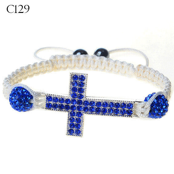 Silver-Tone Cross Blue CZ White Cord Adjustable Macrame Bracelet