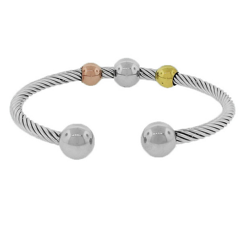 Stainless Steel Multi-Tone Twisted Cable Open End Bangle Bracelet