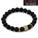 Stainless Steel Yellow Gold-Tone CZ Black Lava Rock Beaded Stretch Bracelet