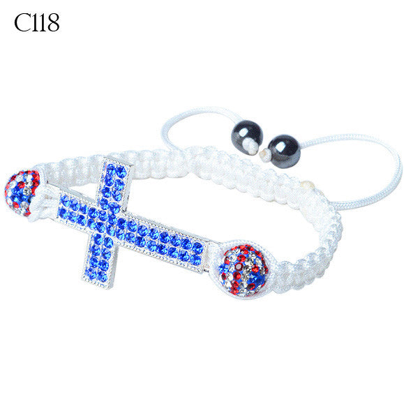 Silver-Tone Cross Blue CZ Unitred Kingdom British Flag Adjustable Bracelet