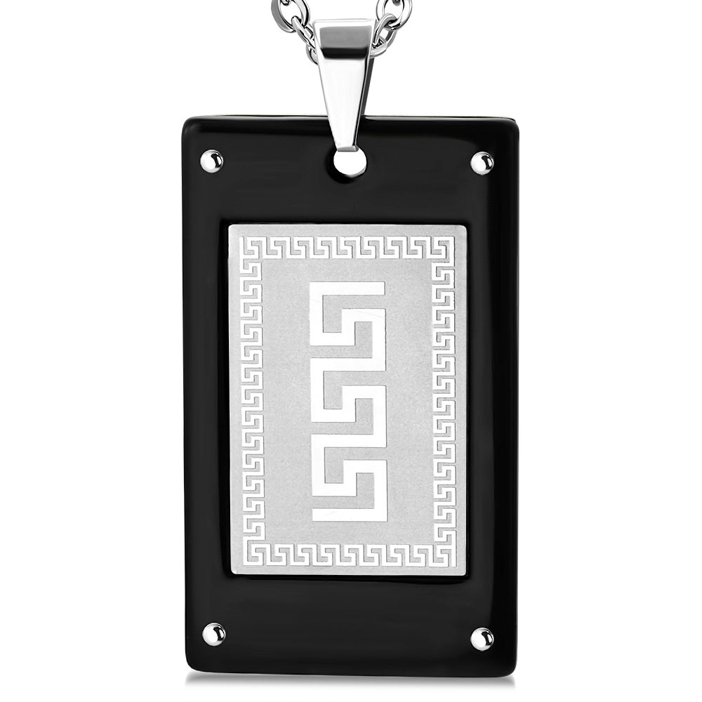 Stainless Steel Black Silver-Tone Greek Key Dog Tag Pendant Necklace, 22"