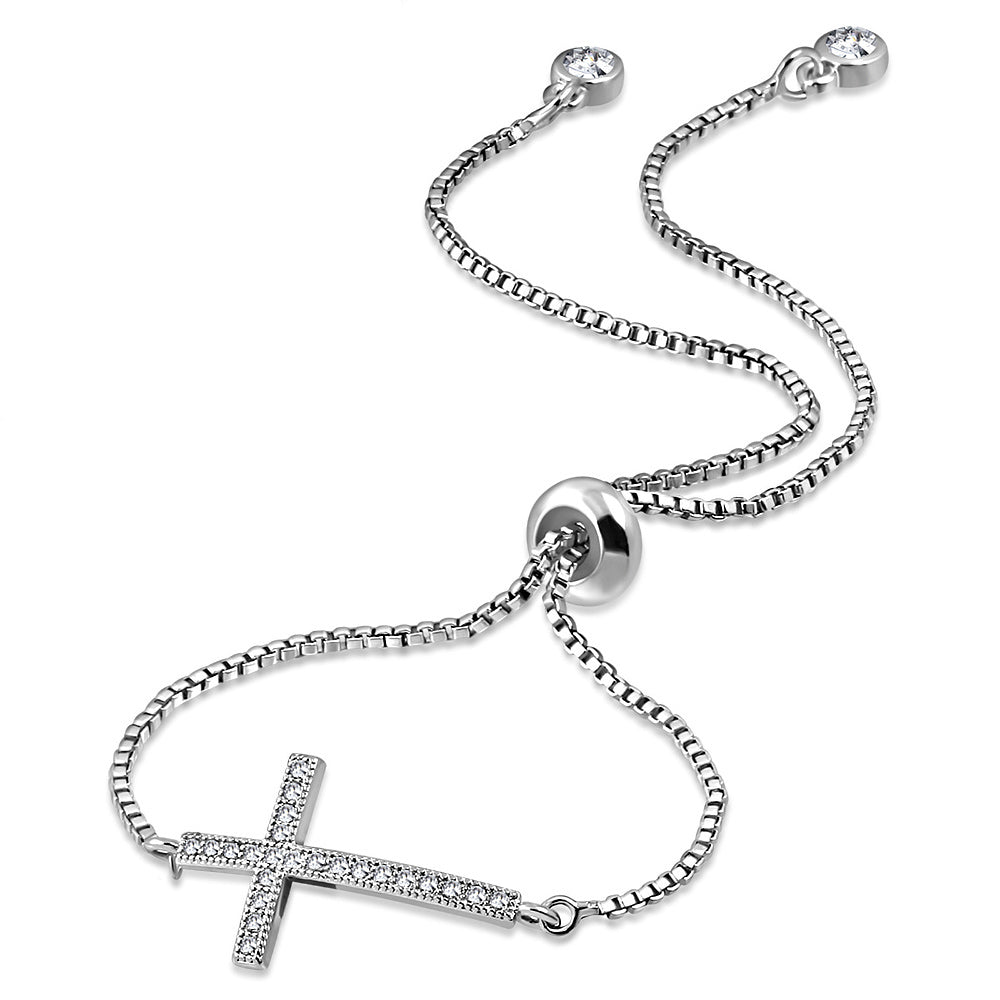 Stainless Steel CZ Religious Cross Adjustable Chain Bracelet, 9.5"