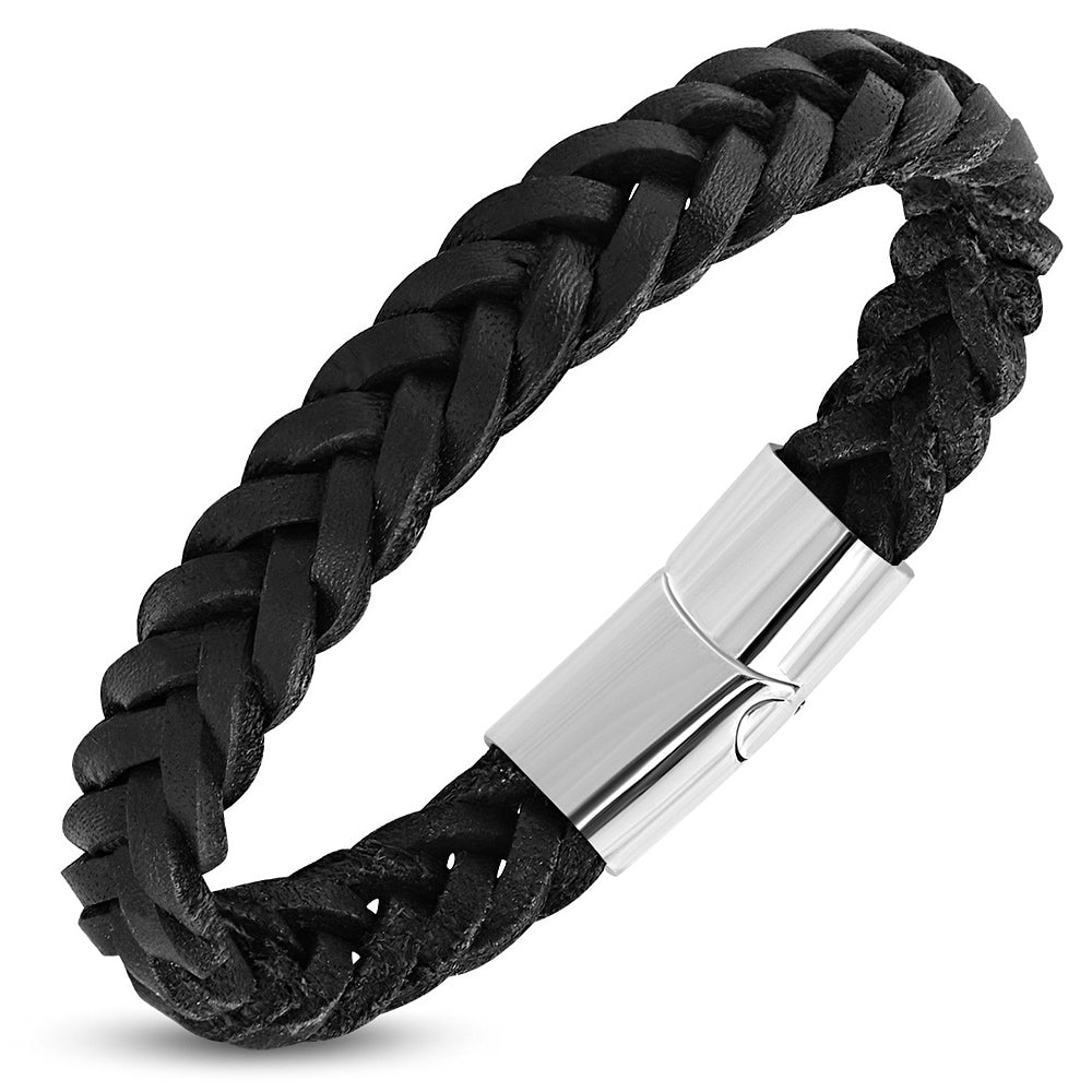 My Daily Styles Stainless Steel Silver-Tone Black Leather Braided Wristband Bracelet, 8.75"