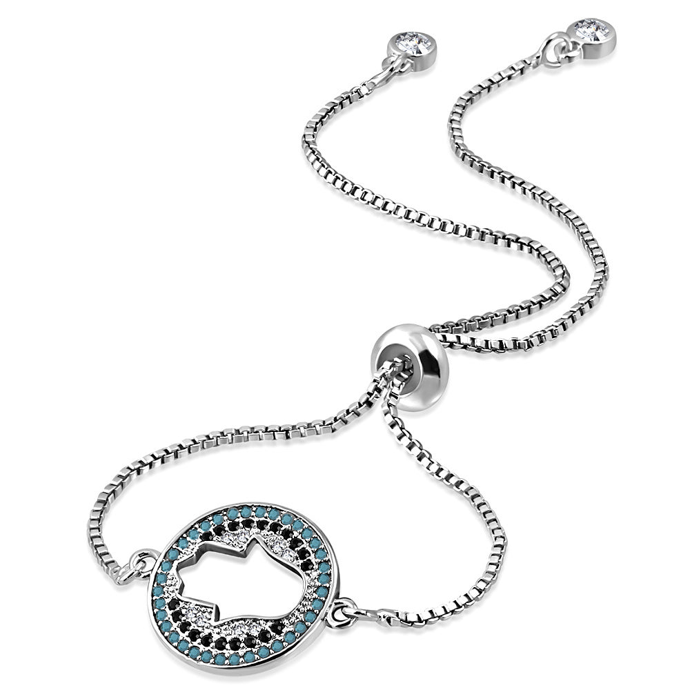 Stainless Steel Multi-Color CZ Cutout Hamsa Adjustable Chain Bracelet, 9"