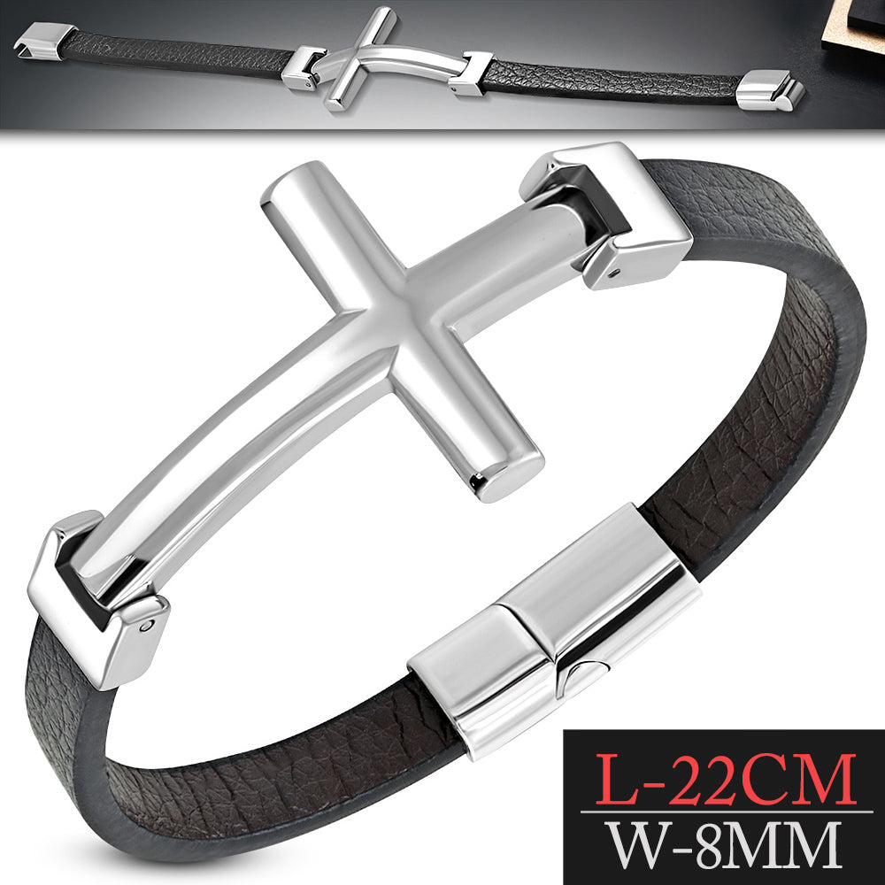 Stainless Steel Silver-Tone Black Leather Cross Mens Cuff Bracelet, 8.25"