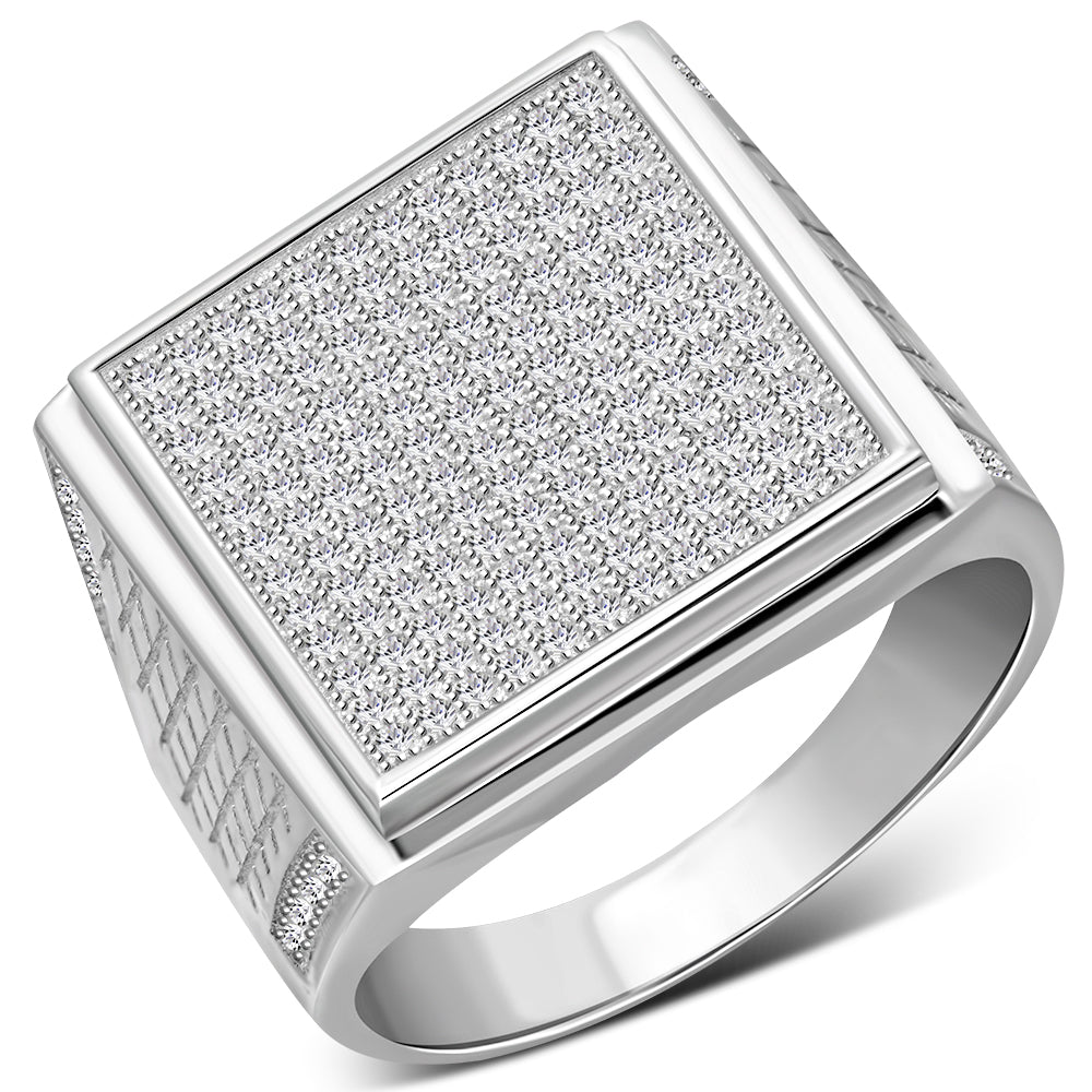 Men's 925 Sterling Silver Square Statement Ring Cubic Zirconia