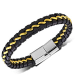 Stainless Steel Two-Tone Black Leather Mens Cuff Bracelet, 8.5"