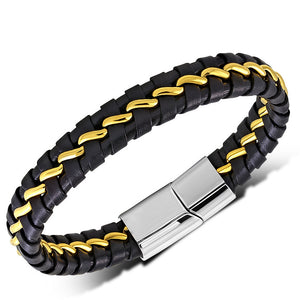 Stainless Steel Two-Tone Black Leather Mens Cuff Bracelet, 8.5"