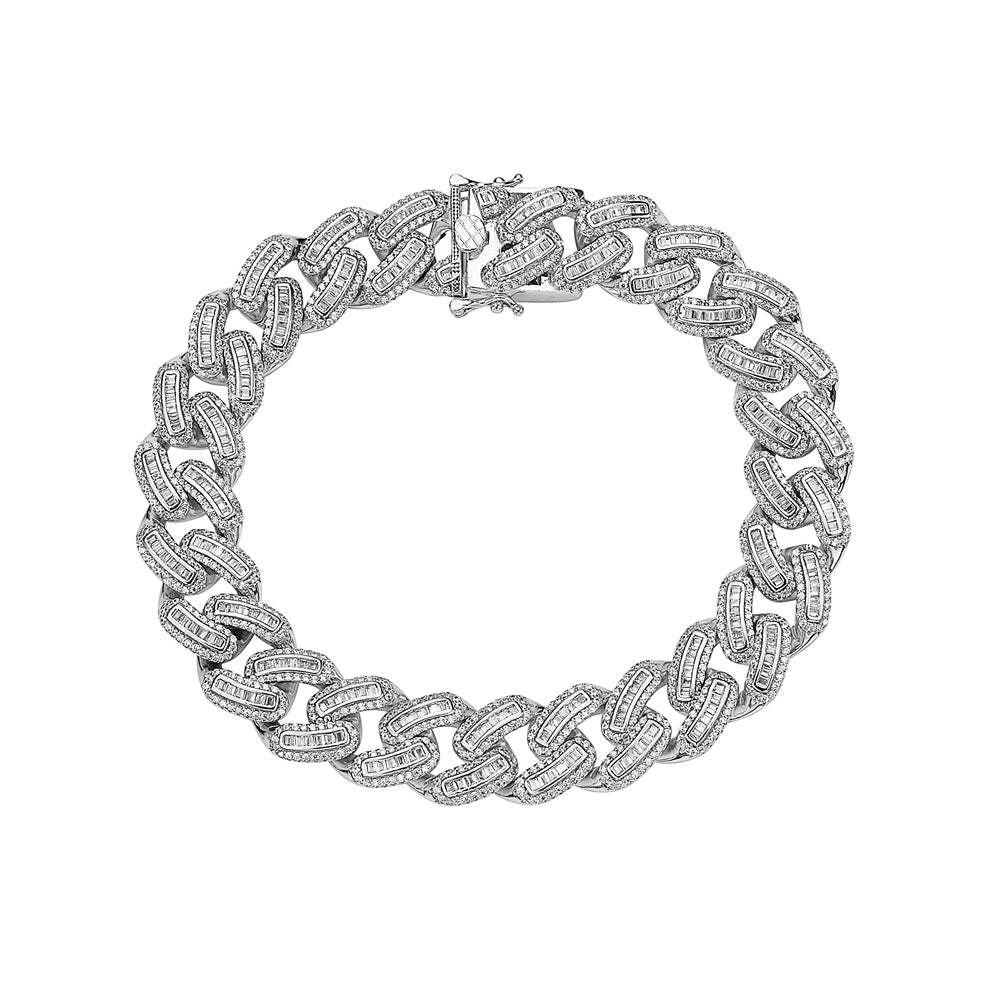 Mens 925 Sterling Silver Cuban Link Iced Baguette Cubic Zirconia Bling Hip Hop Bracelet
