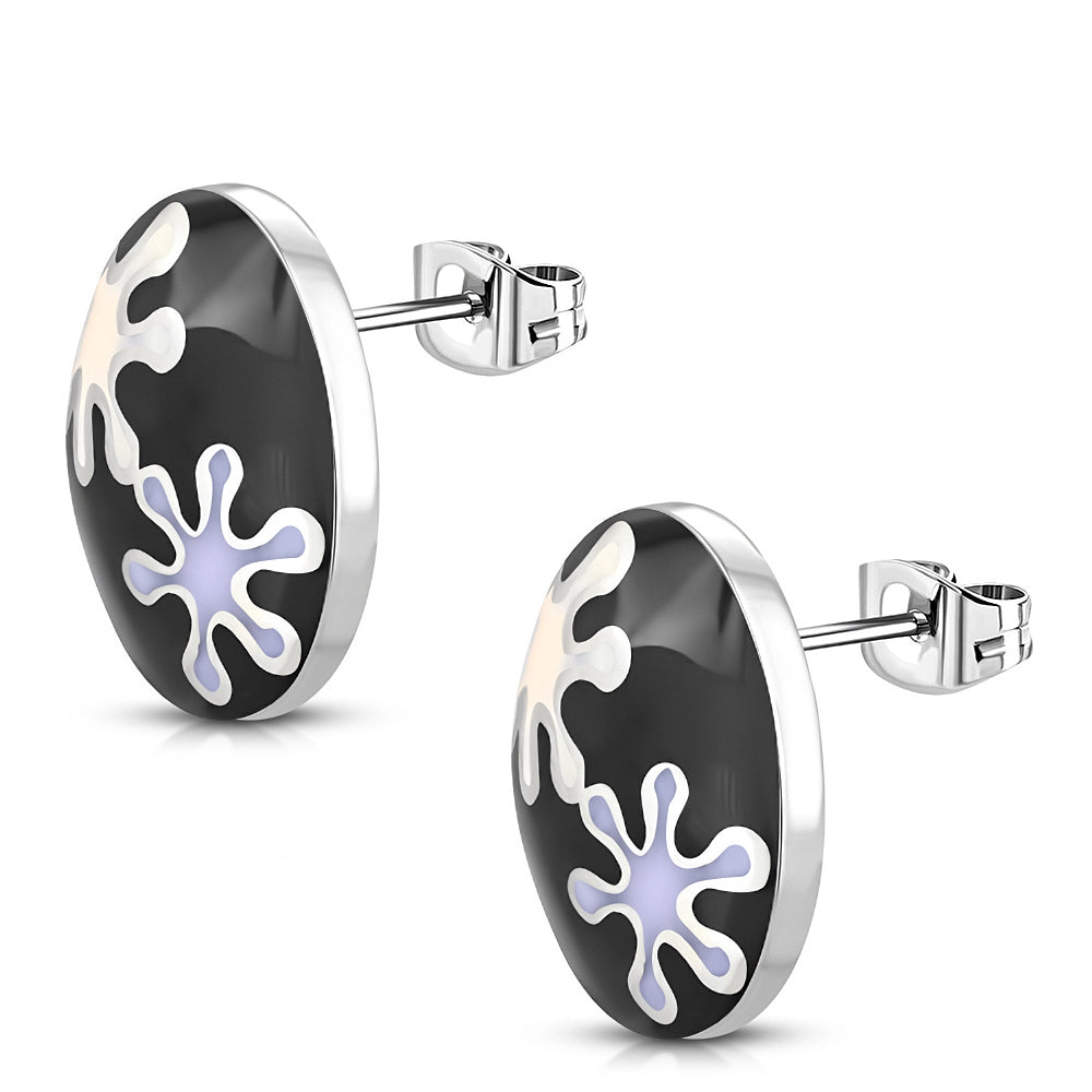 Womens Stainless Steel Floral Oval Stud Earrings