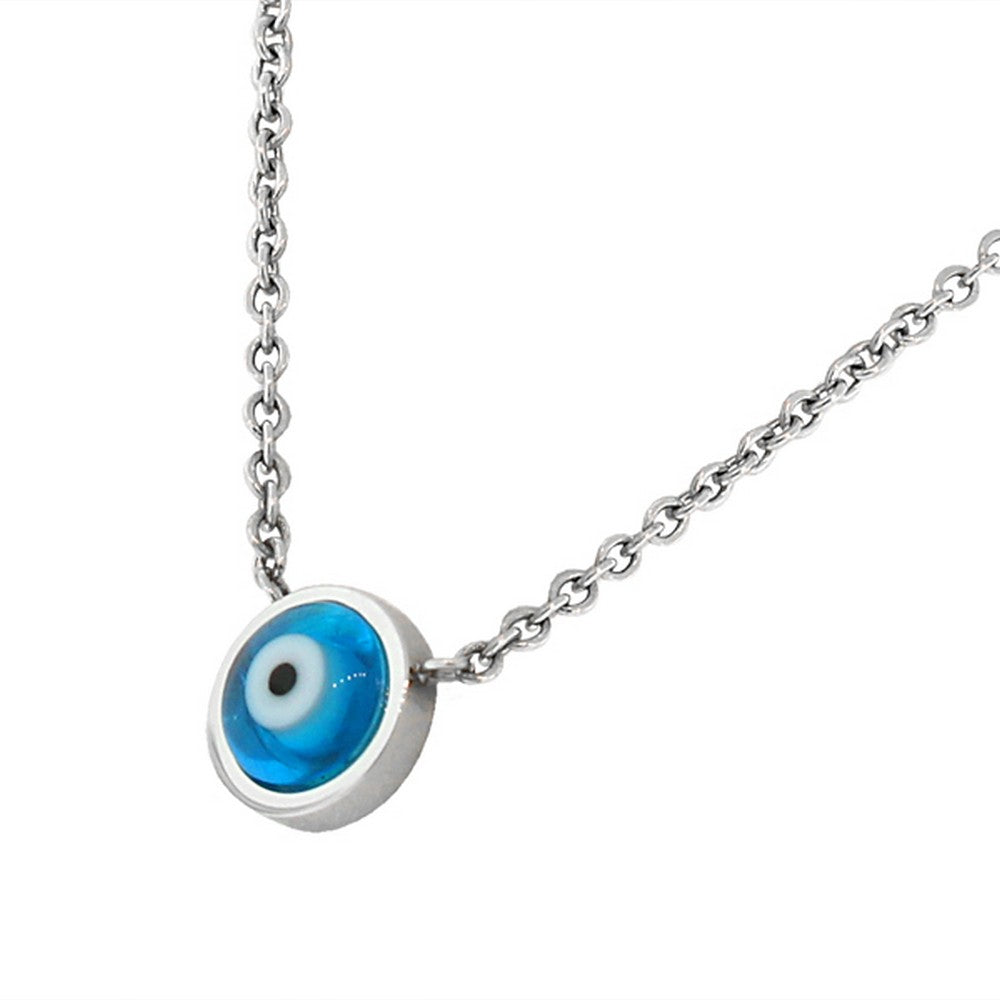 EDFORCE Stainless Steel Blue Silver-Tone Hamsa Evil Eye Link Chain Pendant Necklace