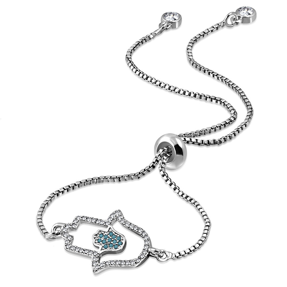 Stainless Steel Blue Clear CZ Double Hamsa Adjustable Chain Bracelet, 9"