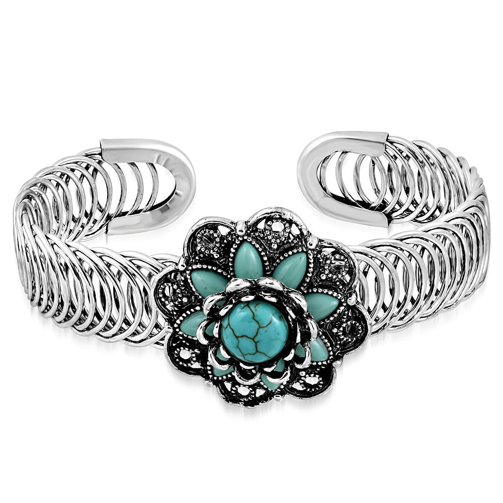 Fashion Alloy Silver-Tone Simulated Turquoise Flower Adjustable Cuff Bracelet