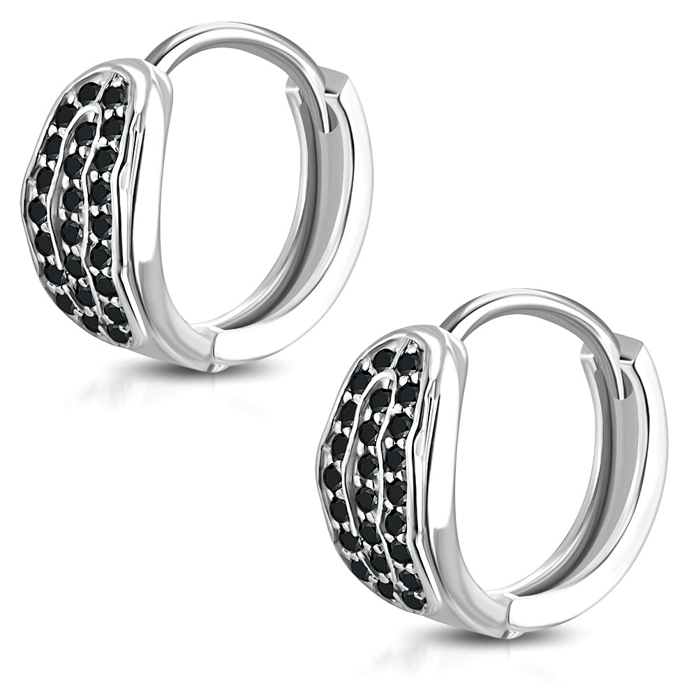 Black Hoop Huggie Earrings Girls Silver Plated Brass Cubic Zirconia