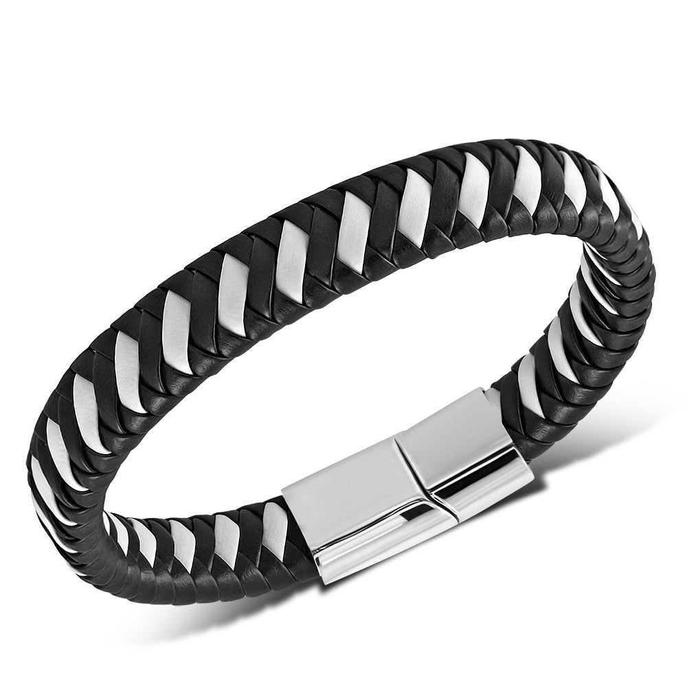 Stainless Steel Silver-Tone Multi-Color Braided Leather Mens Cuff Bracelet, 8.5"