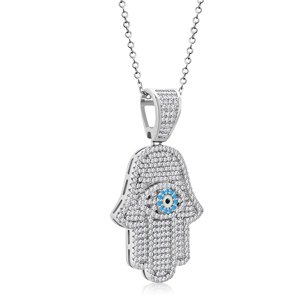 925 Sterling Silver Evil Eye Protection Hamsa Pendant Necklace Cubic Zirconia
