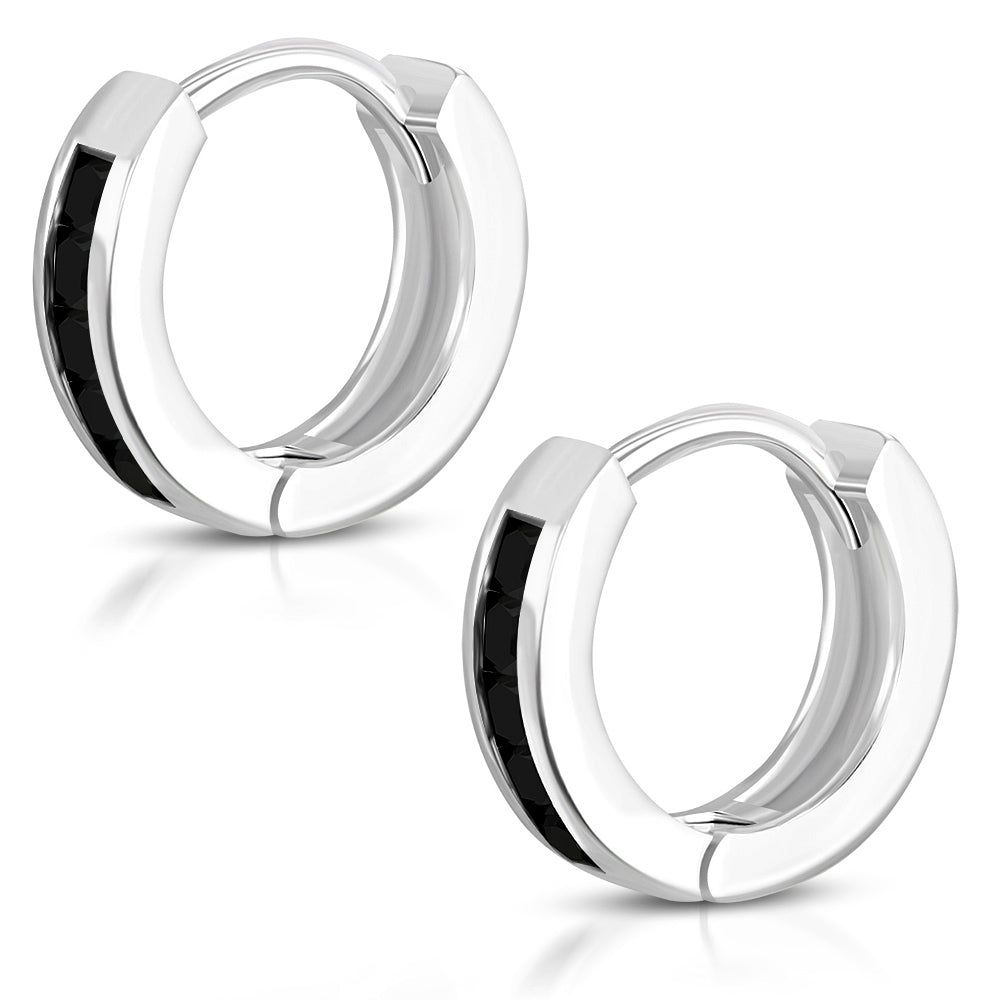 Black Hoop Huggie Earrings Girls Silver Plated Brass Cubic Zirconia