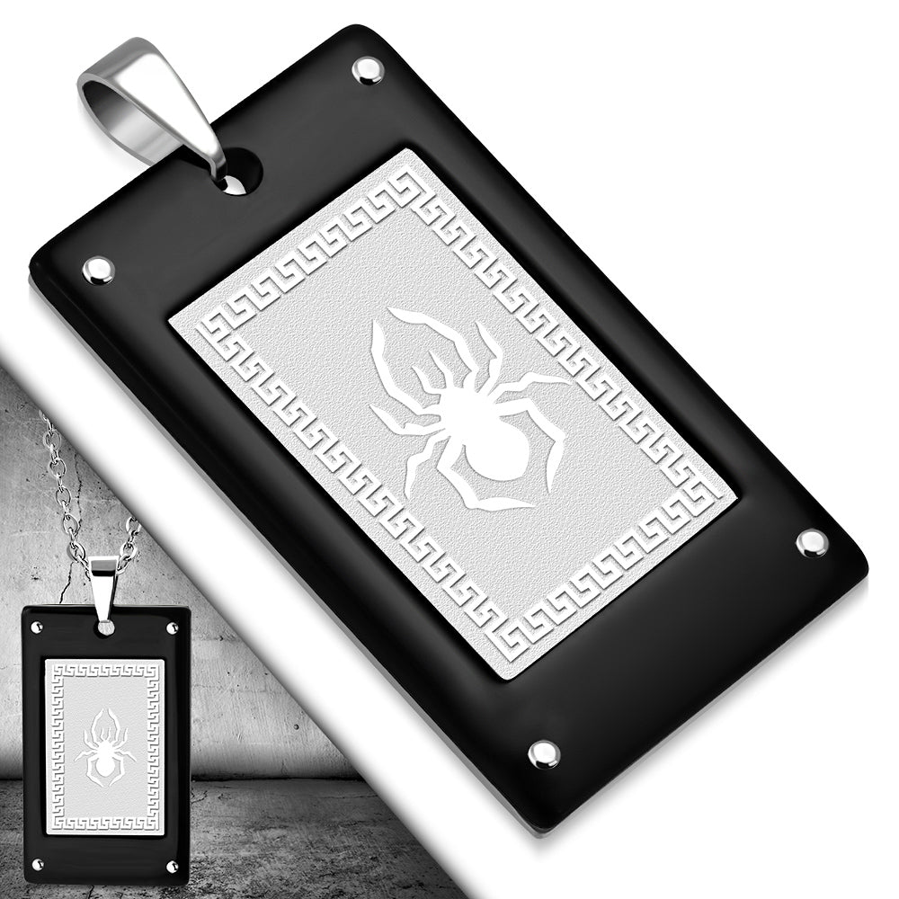 Stainless Steel Black Silver-Tone Spider Dog Tag Pendant Necklace, 22"