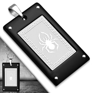 Stainless Steel Black Silver-Tone Spider Dog Tag Pendant Necklace, 22"