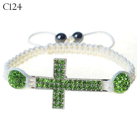 Silver-Tone Cross Green CZ White Cord Macrame Beaded Adjustable Bracelet