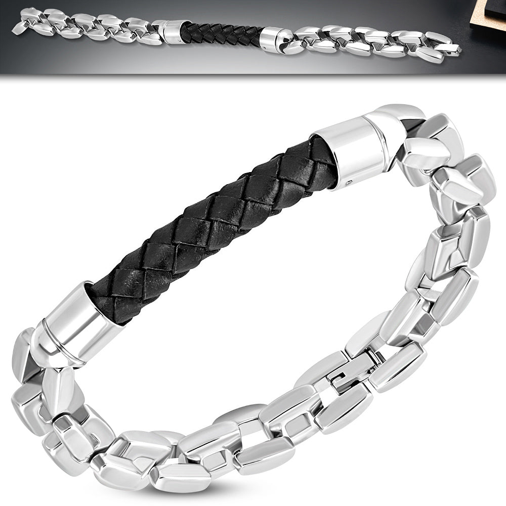 Stainless Steel Silver-Tone Braided Black Faux Leather Mens Link Bracelet, 8.5"