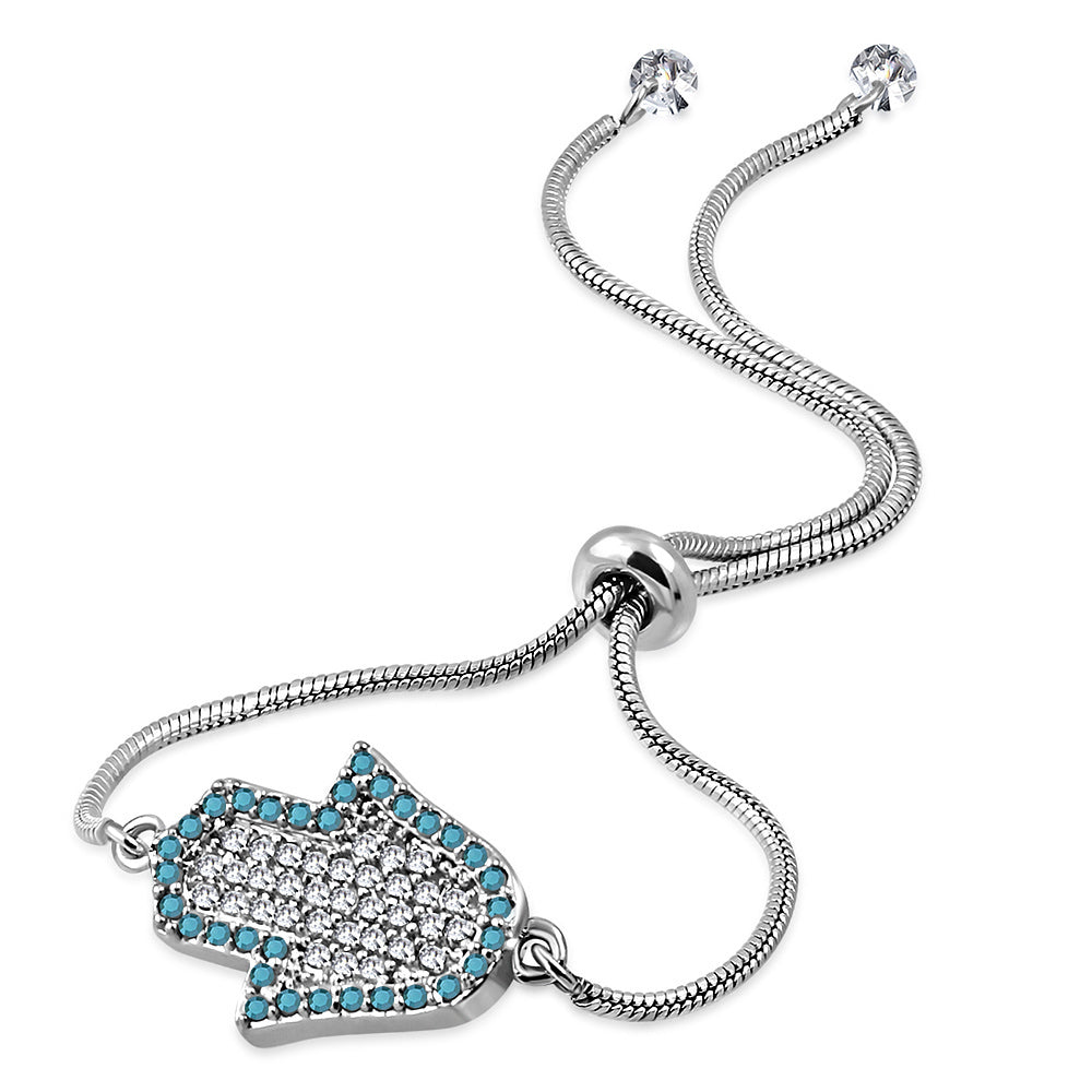 Stainless Steel Multi-Color CZ Hamsa Adjustable Snake Chain Bracelet