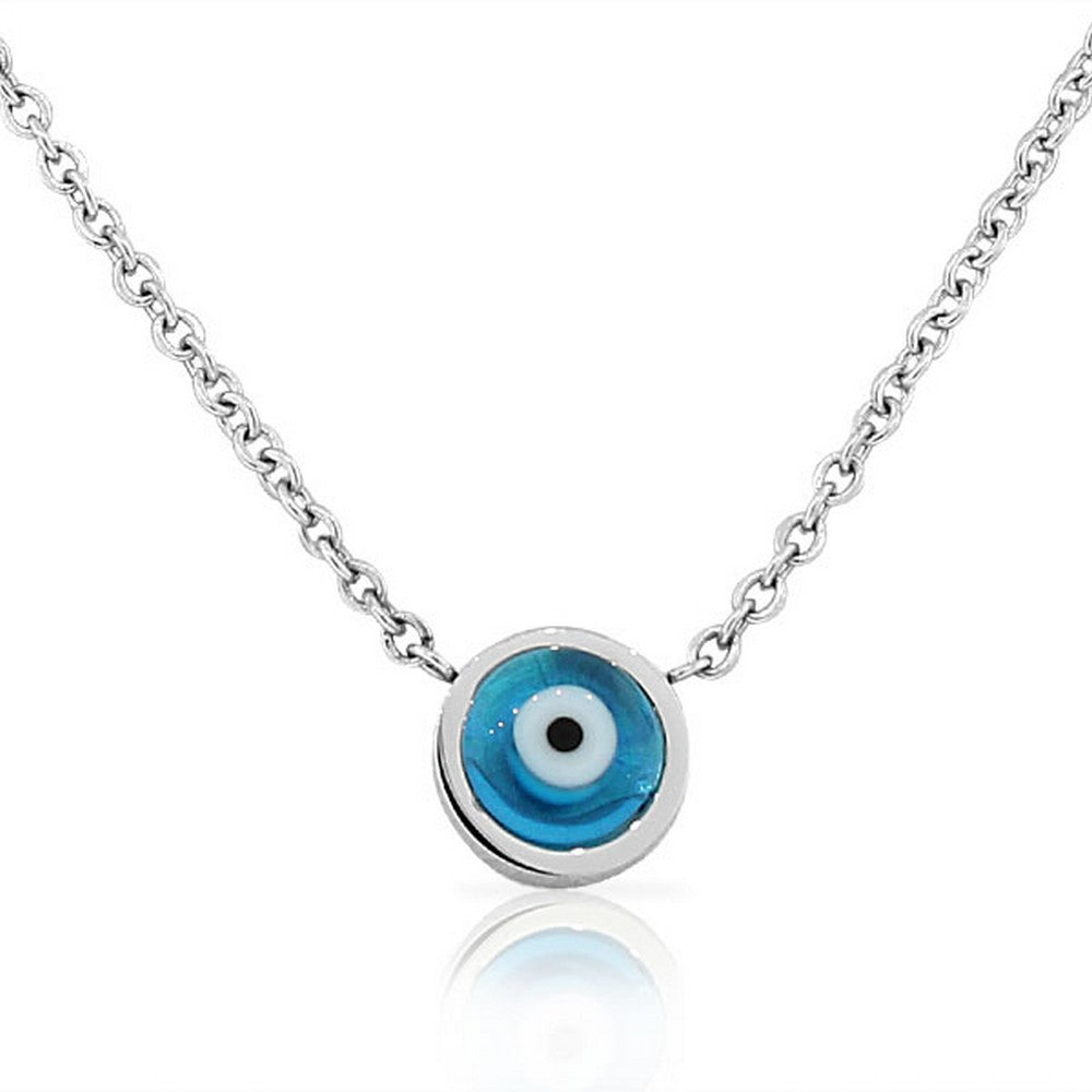 Stainless Steel Blue Silver-Tone Hamsa Evil Eye Link Chain Pendant Necklace
