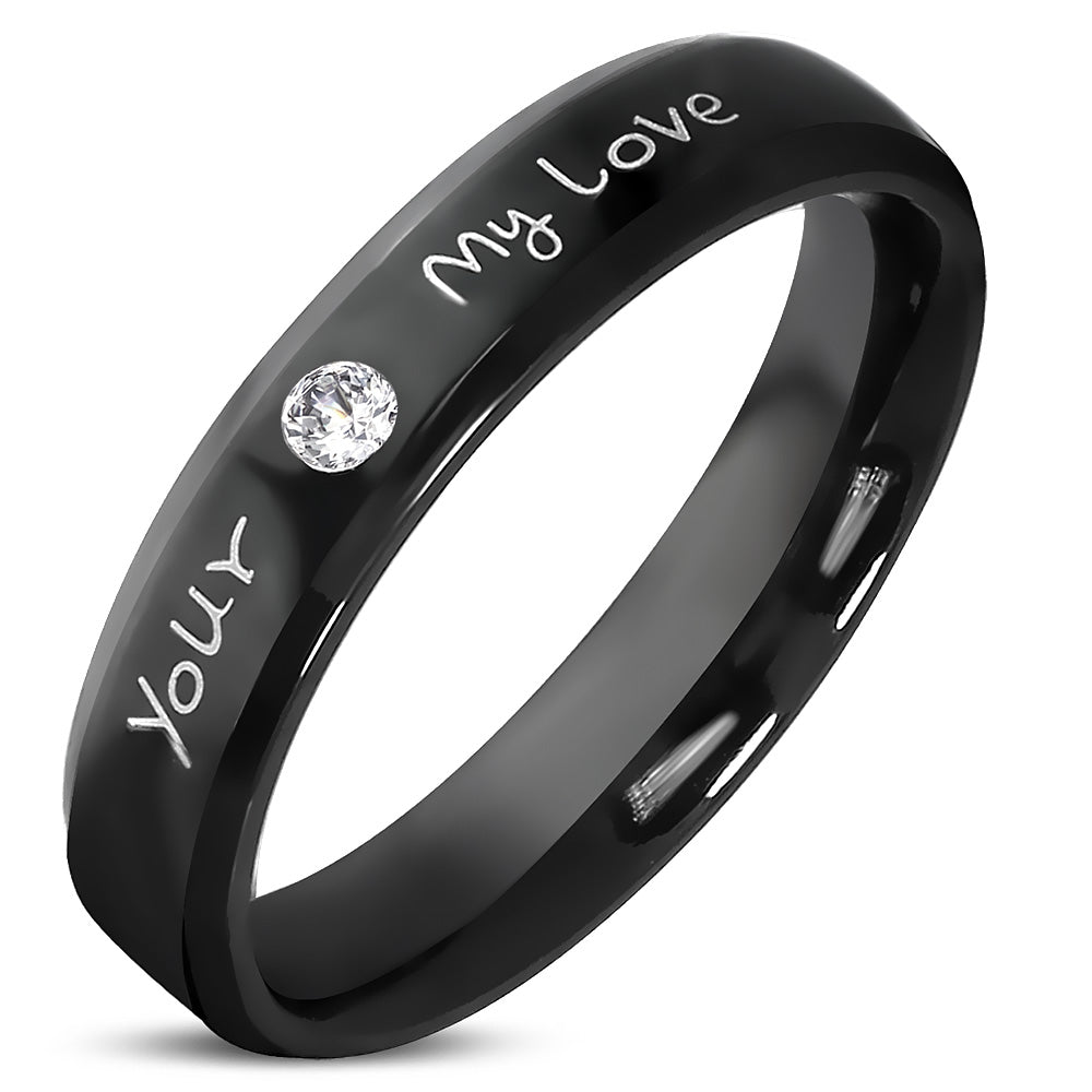 Black Your My Love Band Ring Stainless Steel Cubic Zirconia - Size 6