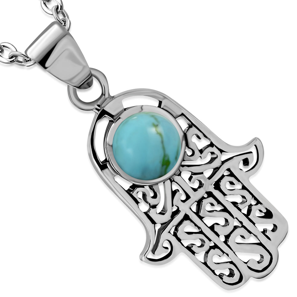 Simulated Turquoise Hamsa Necklace Pendant 925 Sterling Silver