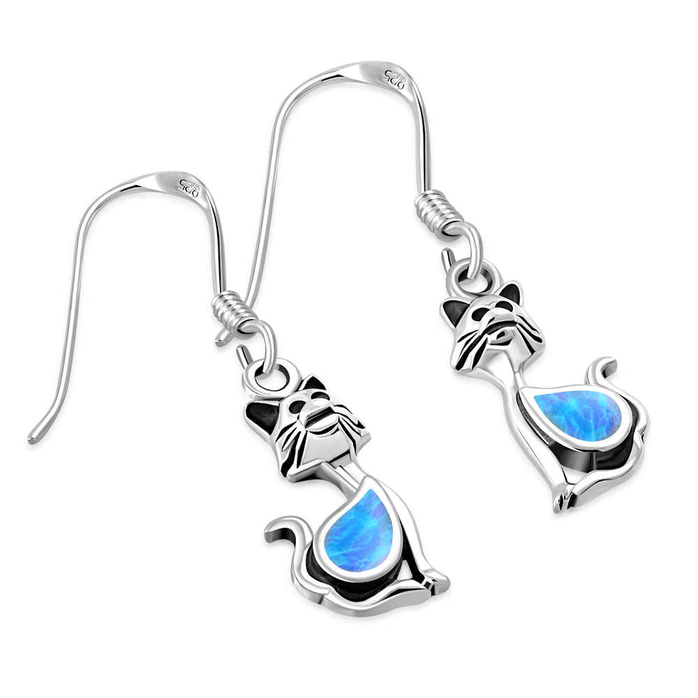 Blue Simulated Opal 925 Sterling Silver Cat Drop Dangle Earrings