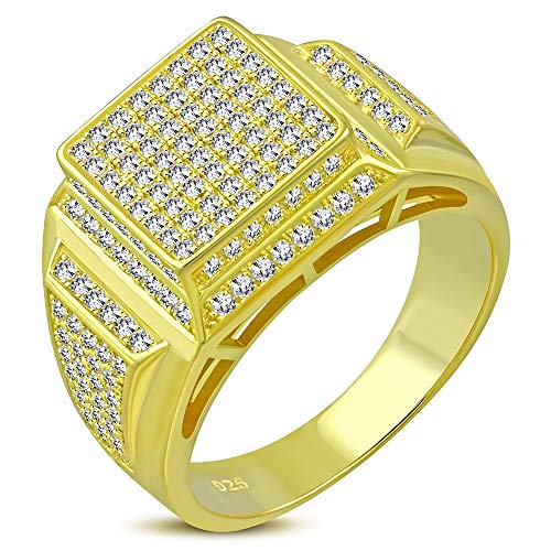925 Sterling Silver Men's Gold-Tone Micro Pave White CZ Stone Square Pyramid-Style Signet Style Ring