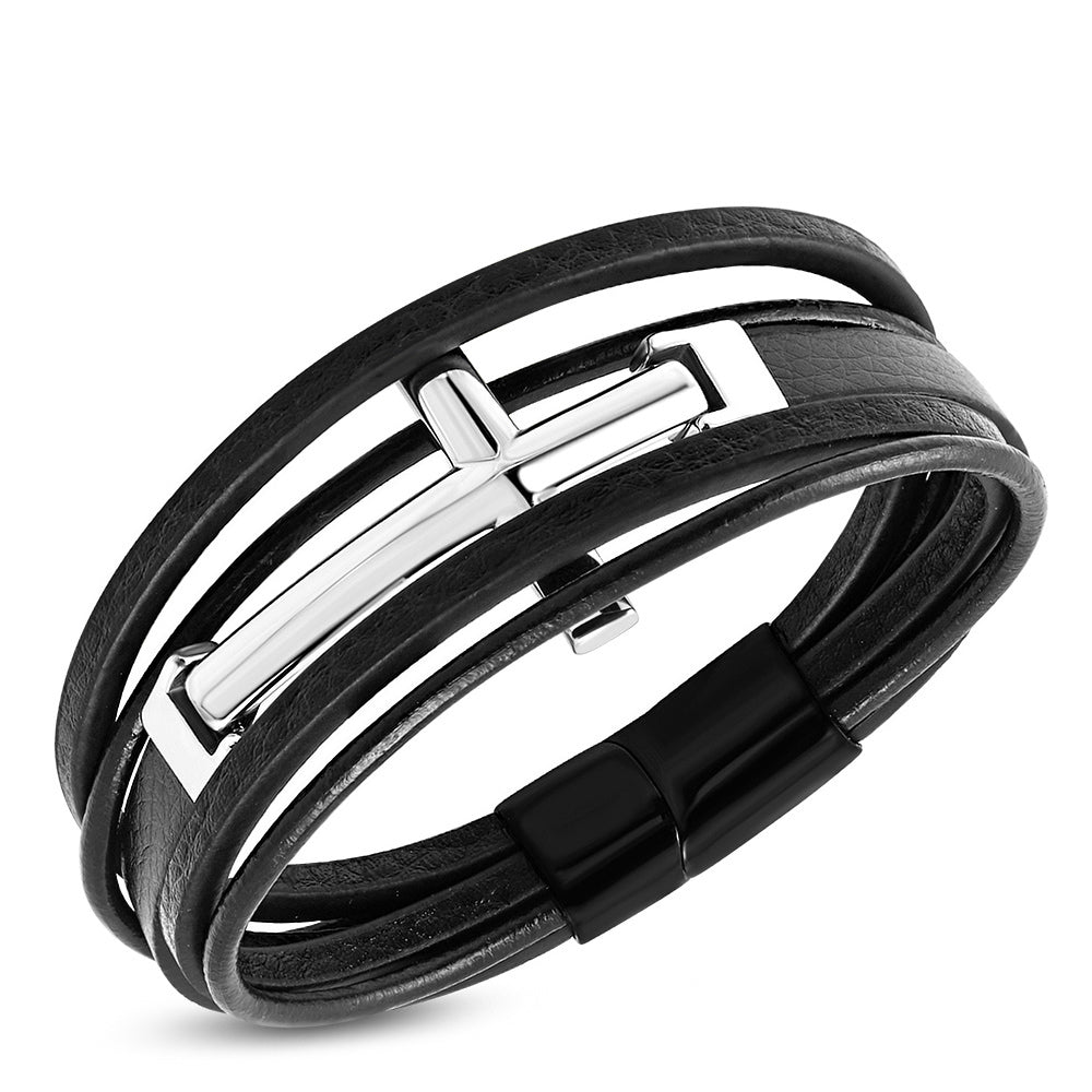 Stainless Steel Silver-Tone Black Leather Cross Mens Cuff Bracelet, 8.25"