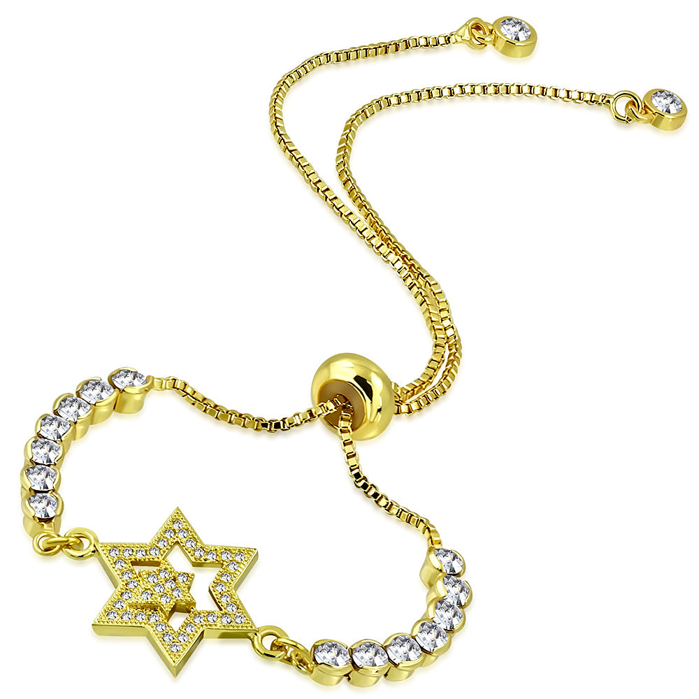 Stainless Steel CZ Double Star of David Jewish Adjustable Chain Bracelet