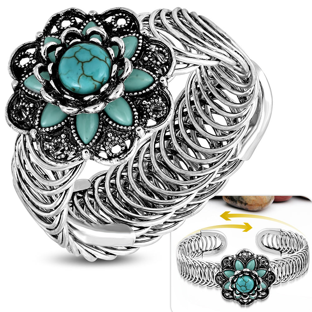 Fashion Alloy Silver-Tone Simulated Turquoise Flower Adjustable Cuff Bracelet