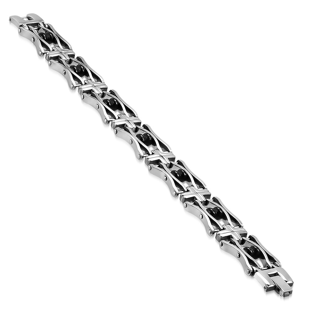 Stainless Steel Black Silver-Tone Link Mens Bracelet, 8.5"